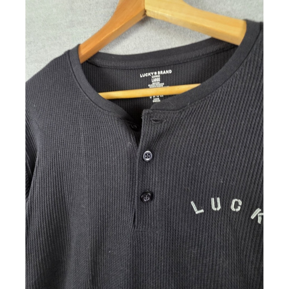 Lucky Brand Sleepwear‎ Mens L Waffle Knit Henley Thermal Black Shirt Soft